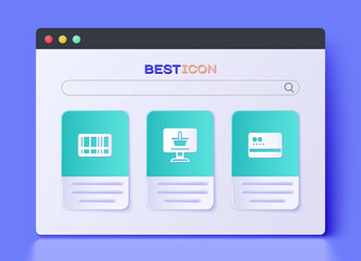 Set Shopping cart on computer, Barcode and Credit card icon. Vector