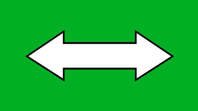 Loop animation of a white arrow with a black outline pointing in a double direction (right and left), on a green chroma key background