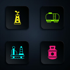 Set Propane gas tank, Oil rig, platform in the sea and railway cistern. Black square button. Vector