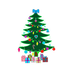 Bright illustration with a Christmas tree and Christmas toys on a white background. Vector drawing.