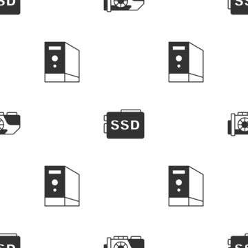 Set Video graphic card, SSD and Case of computer on seamless pattern. Vector