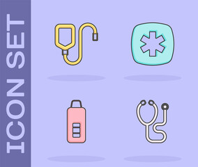 Set Stethoscope, IV bag, Digital thermometer and Emergency - Star of Life icon. Vector