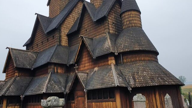 View over the facade Heddal Stave Church, Norway, Scandinavia, Europe. Traditional norwegian viking curch