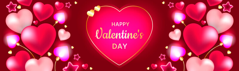 Happy Valentine's Day holiday banner template. Valentine's day concept design of 3d hearts on burgundy background. Valentine's day greeting card vector illustration