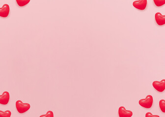 Valentine's day. Top view photo template with copy space. Jelly sugar candies in heart shapes on...