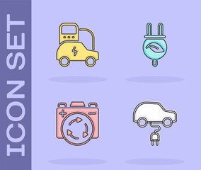 Set Electric car, Battery with recycle symbol and saving plug in leaf icon. Vector
