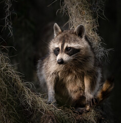 Naklejka na ściany i meble Raccoon in a mossy tree 