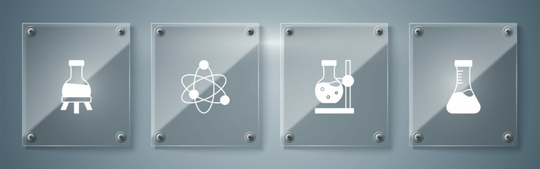Set Test tube, flask on stand, Atom and . Square glass panels. Vector