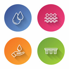 Set line Water drop, Waves of water and evaporation, Washing hands with soap and filter. Color circle button. Vector