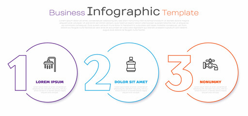 Set line Shower, Big bottle with clean water and Water tap. Business infographic template. Vector