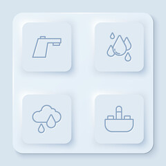 Fototapeta premium Set line Water tap, drop, Cloud with rain and Washbasin water. White square button. Vector