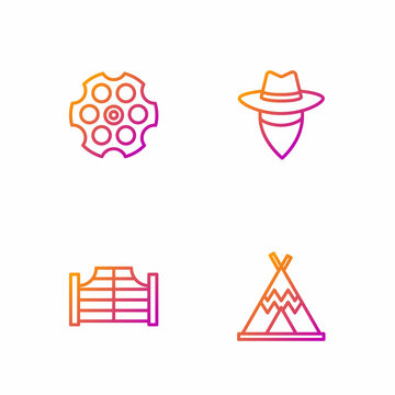 Set line Indian teepee or wigwam, Saloon door, Revolver cylinder and Cowboy. Gradient color icons. Vector