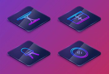 Set Isometric line Round table, Chair, Furniture nightstand and Mirror. Blue square button. Vector