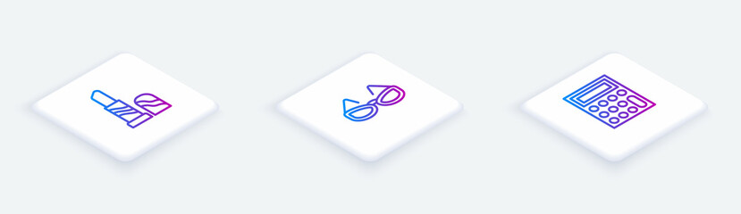 Set Isometric line Lipstick, Glasses and Calculator. White square button. Vector
