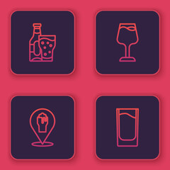 Set line Beer bottle and glass, Alcohol or beer bar location, Wine and Shot. Blue square button. Vector