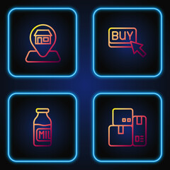 Set line Cash register machine, Bottle with milk, Location Market store and Buy button. Gradient color icons. Vector