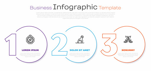 Set line Compass, Bottle with message in water and Crossed pirate swords. Business infographic template. Vector