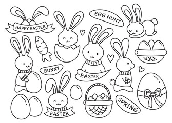 Easter and cute kawaii Easter bunnies, hares. Eggs and Happy Easter greetings. Egg hunt. The stickers are isolated on a white background. Doodle, cartoon, characters.	