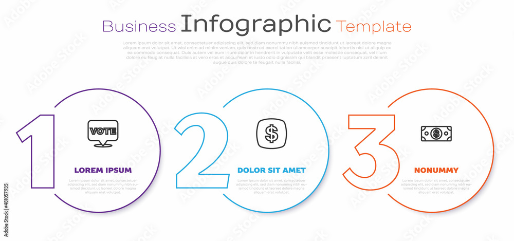 Sticker Set line Vote, Dollar symbol and Stacks paper money cash. Business infographic template. Vector