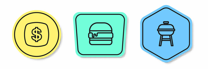 Set line Dollar symbol, Burger and Barbecue grill. Colored shapes. Vector
