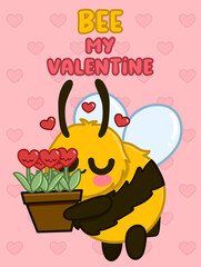 Greeting card with Bee and plant pot Heart . 