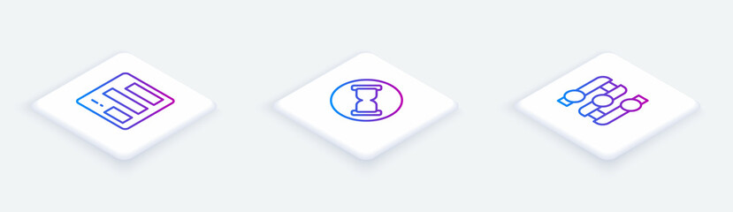 Set Isometric line Pie chart infographic, Old hourglass with sand and Graph, chart, diagram. White square button. Vector