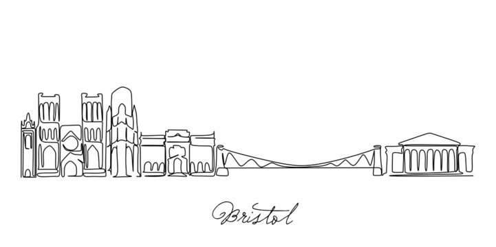 Single continuous line drawing of Bristol skyline, England UK. Famous city scraper landscape. World travel home wall décor art poster print concept. Modern one line draw design vector illustration
