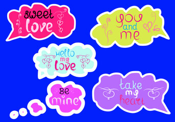 Love stickers with speech bubbles, lettering and hearts. Each element is isolated. Cute stickers for Valentines day, wedding, holiday, etc. Vector illustration. Set.