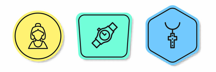 Set line Consultant of jewelry store, Wrist watch and Christian cross chain. Colored shapes. Vector