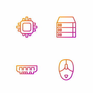 Set line Computer mouse, RAM, random access memory, Processor with CPU and Server, Data, Web Hosting. Gradient color icons. Vector