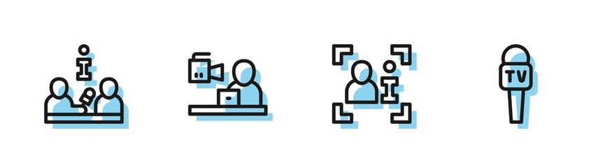 Set line Television report, Interview, Breaking news and Microphone icon. Vector