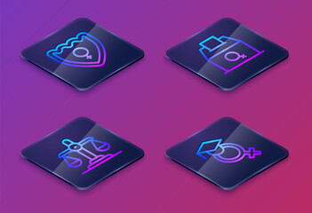 Set Isometric line Gender shield, Female, equality, vote right and Teacher. Blue square button. Vector