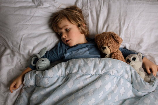 The child is getting ready for bed.
Healthy child, sweetest blonde toddler boy sleeping in a bed with a teddy bear and another stuffed animals. Time before a sleeping. View from above.