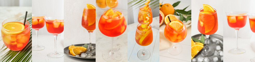 Glasses of tasty Aperol spritz cocktail on light background