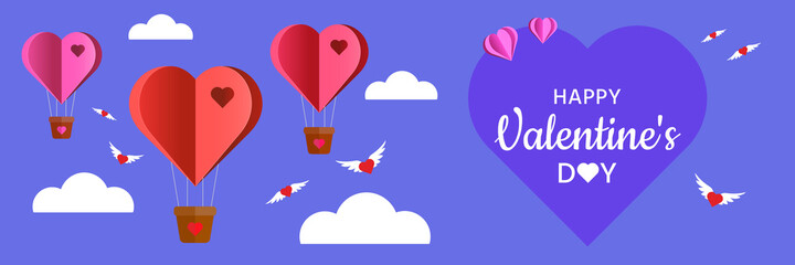 Valentine's day background with heart shaped balloons and hearts with wings. Modern stylish design with paper hearts. Template vector illustration. Valentine's day greeting card