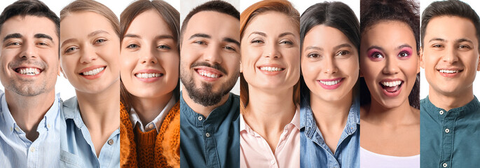 Group of happy young people on white background, closeup