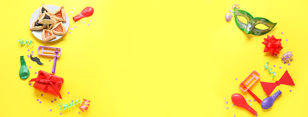 Beautiful composition for Purim celebration with space for text on yellow background