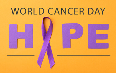 Purple ribbon and word HOPE on color background. World Cancer Day