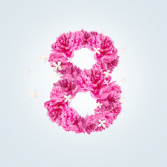 Figure 8 made of flowers on light background. International Women's Day celebration with figure 8 made of flowers