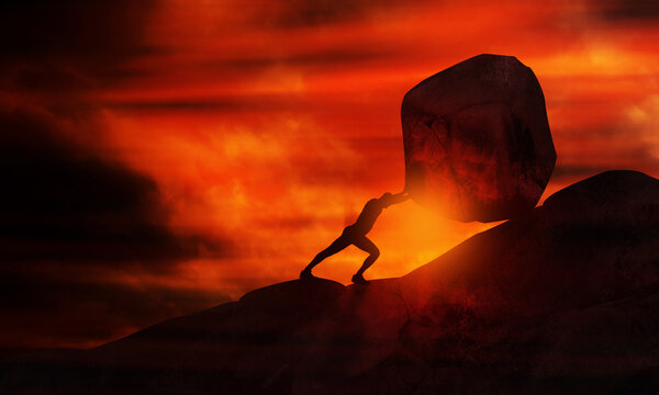 Man Pushing big stone uphill At Sunset. Businessman Push hardly the concrete Rock up to the top of mountain. Conceptual Image of Sisyphus and Hard Work 