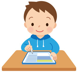 タブレットで勉強する子供　男の子　小学生