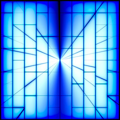 Random brick grid background with radial perspective line and cool blue and white light overlay