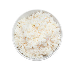 Bowl with tasty boiled rice on white background