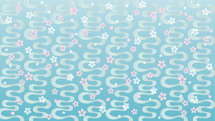 桜と流水模様のベクターイラスト　水色の背景　16:9