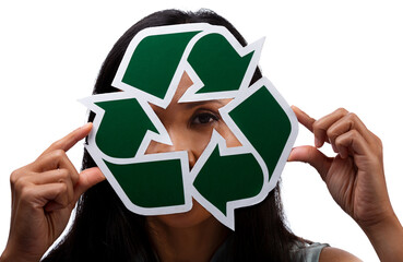 environment, eco living and sustainability concept - close up portrait of happy woman looking through green recycling sign isolated over white background