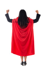 Back view of full length businesswoman dressed as superhero showing her fists, celebrates her success, isolated on white background