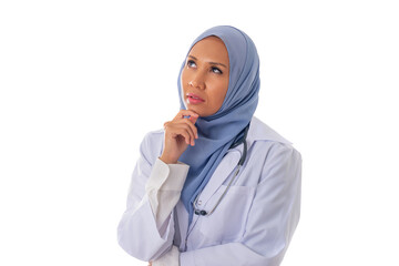 medicine, healthcare, charity and people concept - thoughtful muslim female doctor wearing hijab and white coat looking up over white background