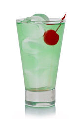 Green alcoholic shot glass with absent, ice and cherry, liquor