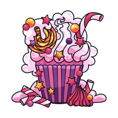 Cupcake with cream, ice cream, lollipops and marmalade. Bright dessert.