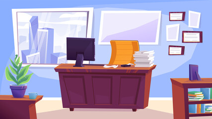 Office space. A desk with a stack of papers and a computer monitor.